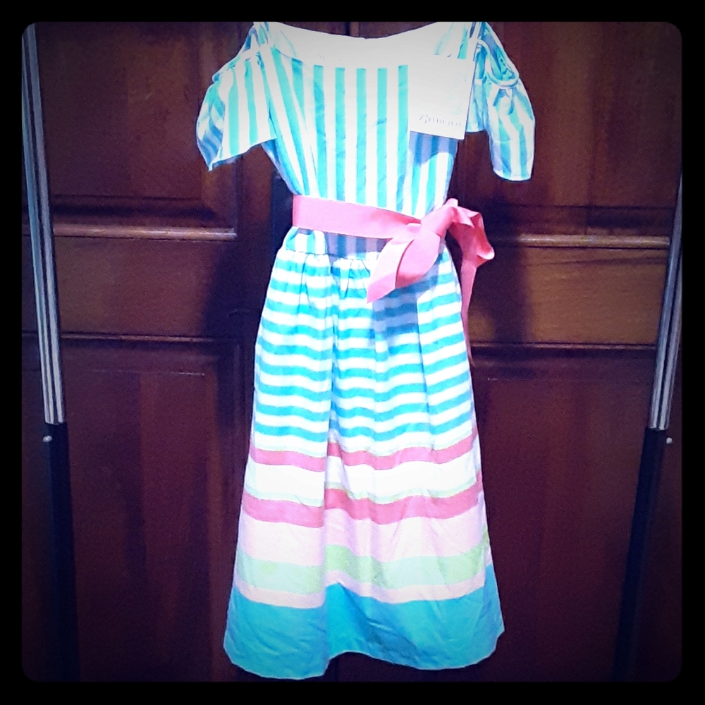Blue white and pink striped dress
